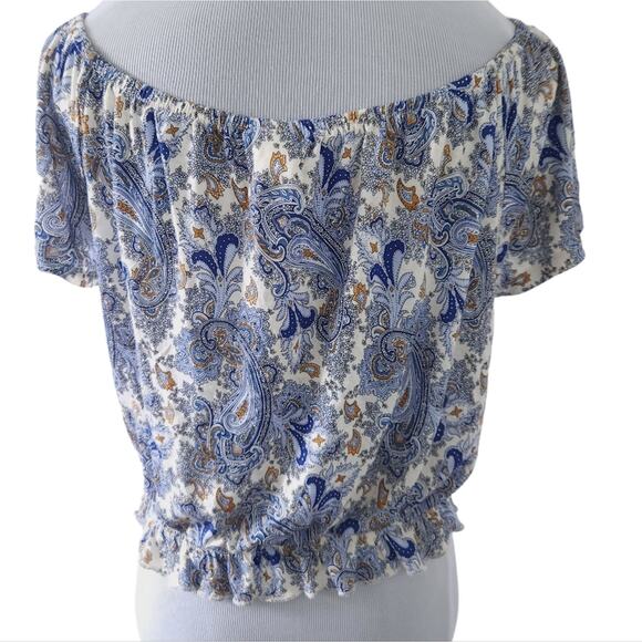 H&M Womens Peasant Shirt Medium Blue Floral Paisley Short Sleeve Blouse Bohemian - Picture 2 of 5